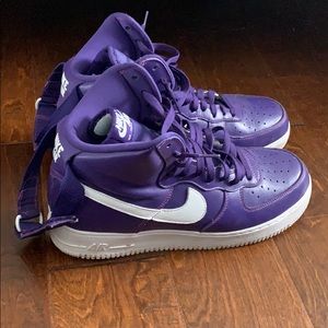 High top purple and white nike Air Force ones